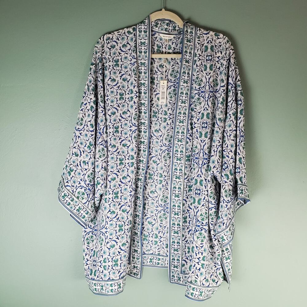Max Studio Womens Crepe White Green Blue Multicolor Floral Boho Kimono Size 2X